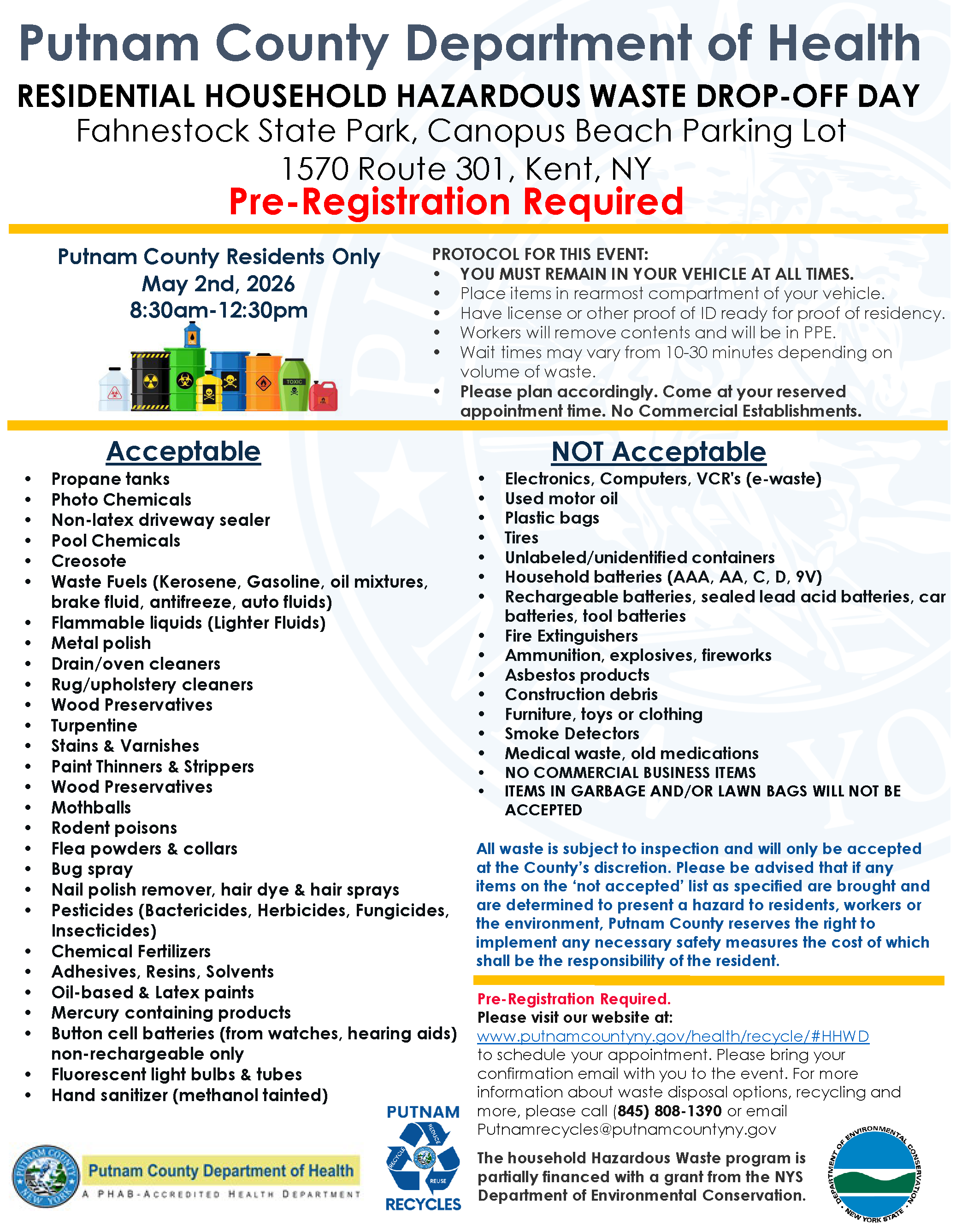 Flyer for household hazardous waste day on May 2 2026 with a list of acceptable and non acceptable items. Details for the event can be found at PutnamCountyNY.gov/health/recycle#HHWD