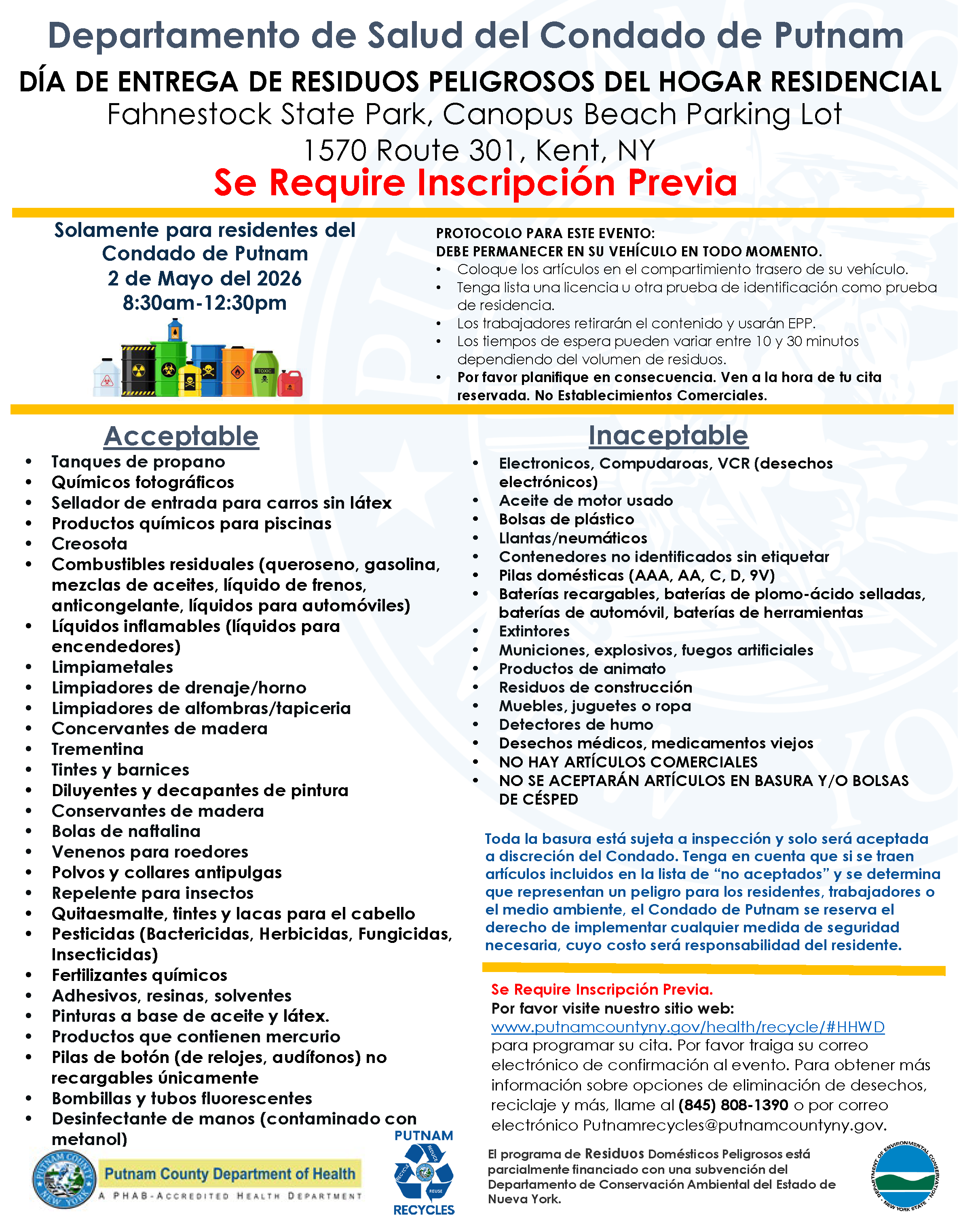 Folleto informativo sobre el Día de Residuos Domésticos Peligrosos, que se celebrará el 2 de mayo de 2026, con una lista de los artículos aceptables y no aceptables. Los detalles del evento se encuentran en PutnamCountyNY.gov/health/recycle#HHWD
